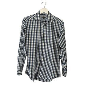 Johnston & Murphy Tailored Fit blue and white checked cotton long sleeve shirt -